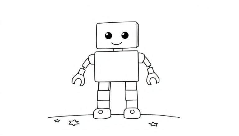 A friendly robot in a black and white color panel, ready to be colored.