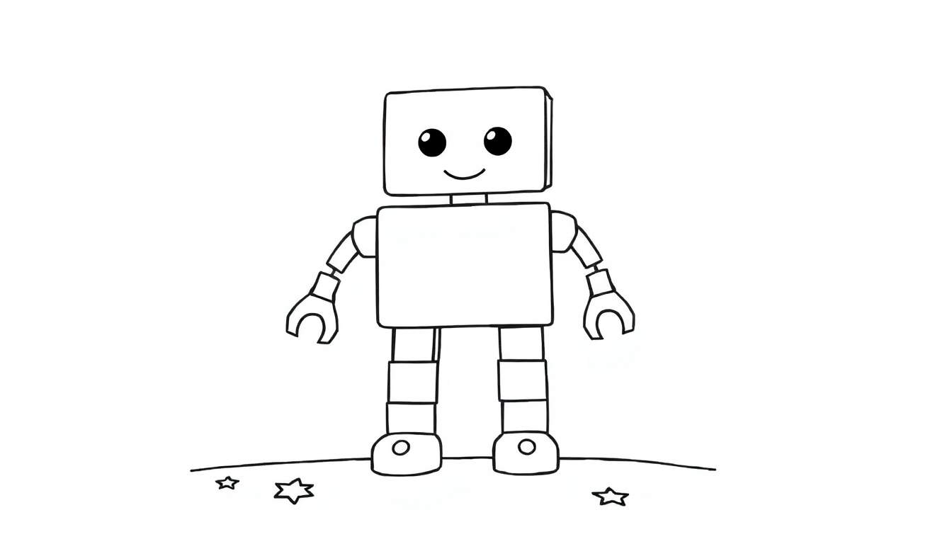 A friendly robot in a black and white color panel, ready to be colored.