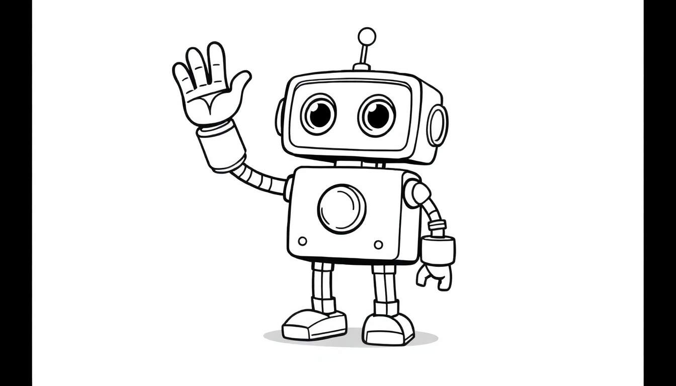 A cute cartoon robot in black and white line art, waving hello. This is a color panel ready for imagination!