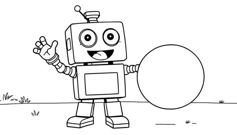A friendly black and white robot waves hello, holding a large circle in its other hand, on a grassy color panel.