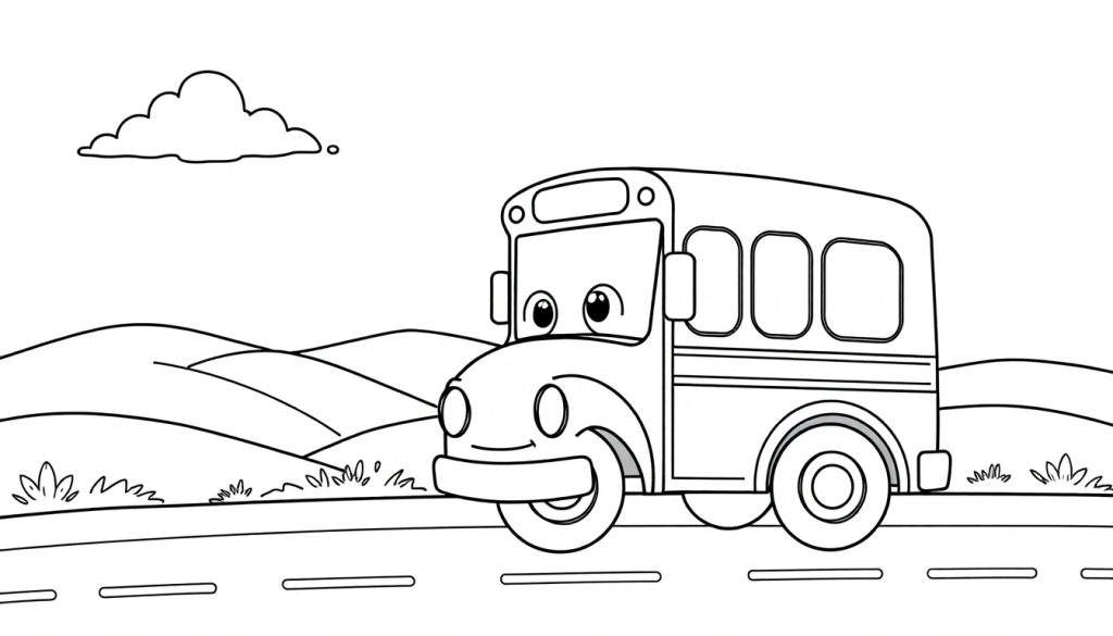 A friendly black and white cartoon school bus with big round eyes and a smile, on a road ready for a color panel.