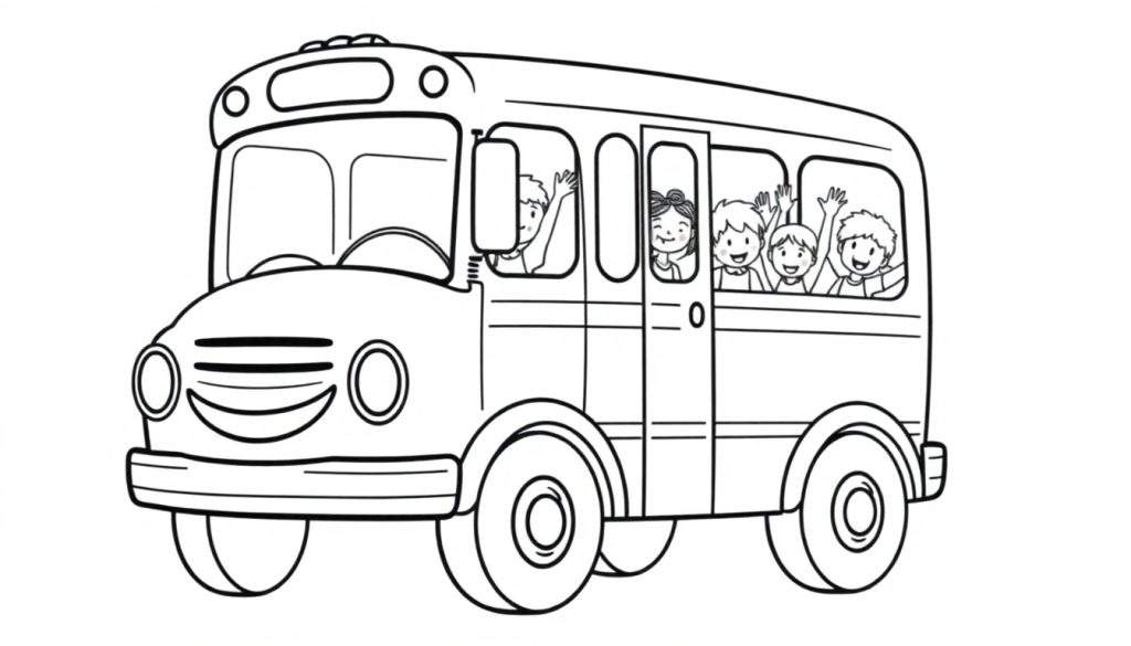 A friendly yellow school bus line drawing, ready for a color panel, with children waving from its windows.