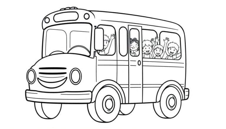 A friendly yellow school bus line drawing, ready for a color panel, with children waving from its windows.