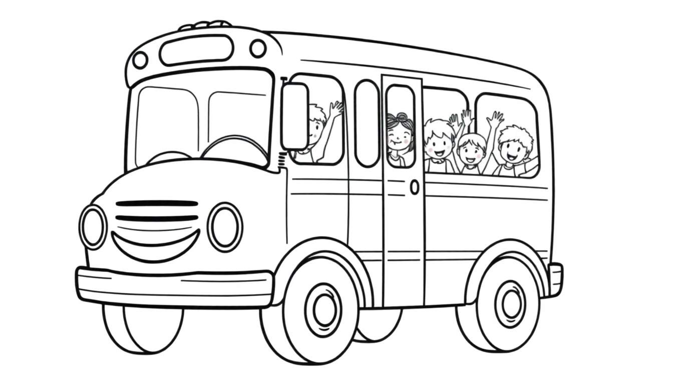 A friendly yellow school bus line drawing, ready for a color panel, with children waving from its windows.