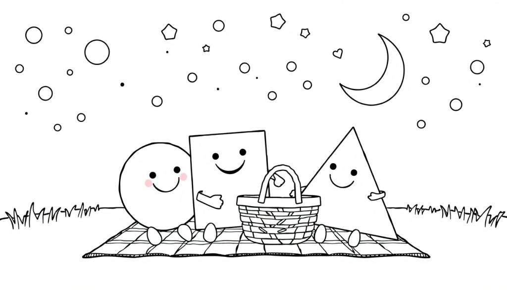 A fun color panel featuring friendly geometric shapes at a picnic under a starry sky.
