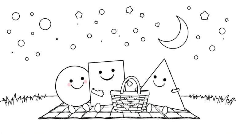 A fun color panel featuring friendly geometric shapes at a picnic under a starry sky.