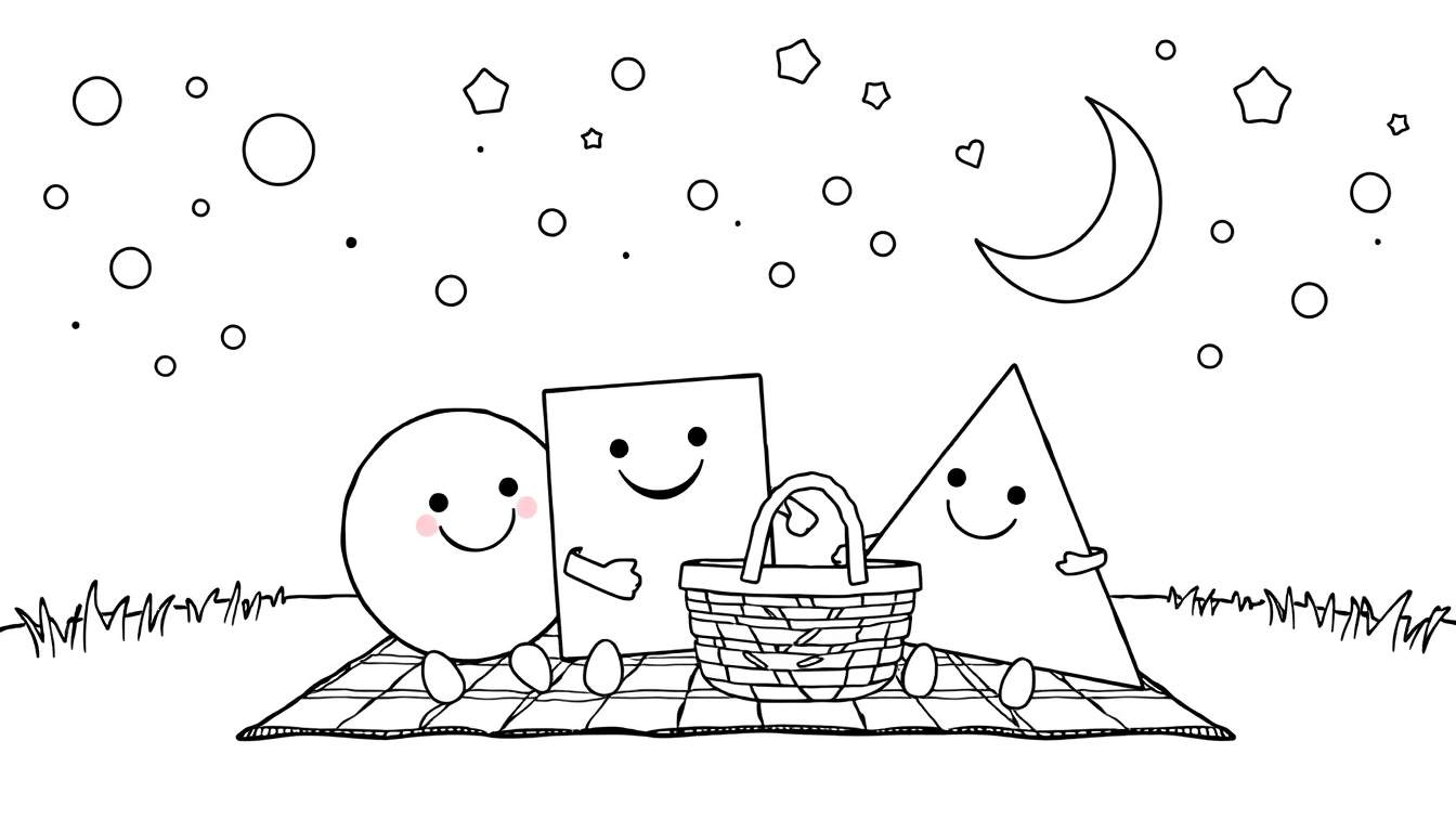 A fun color panel featuring friendly geometric shapes at a picnic under a starry sky.