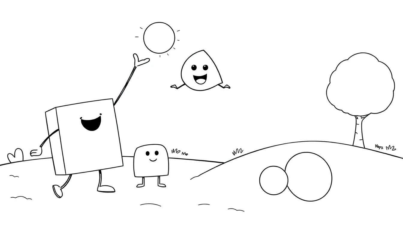 A simple black and white cartoon drawing of geometric shapes, a rectangle with stick limbs reaching for a circle sun, a cube friend, and a teardrop shape floating, in a green field. This is a color panel for kids.