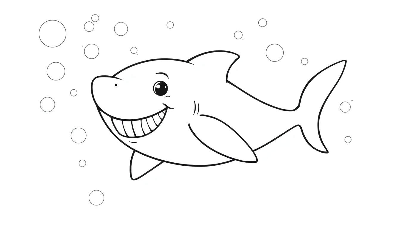 A friendly cartoon shark with a big smile and sharp teeth swims in a color panel with bubbles.