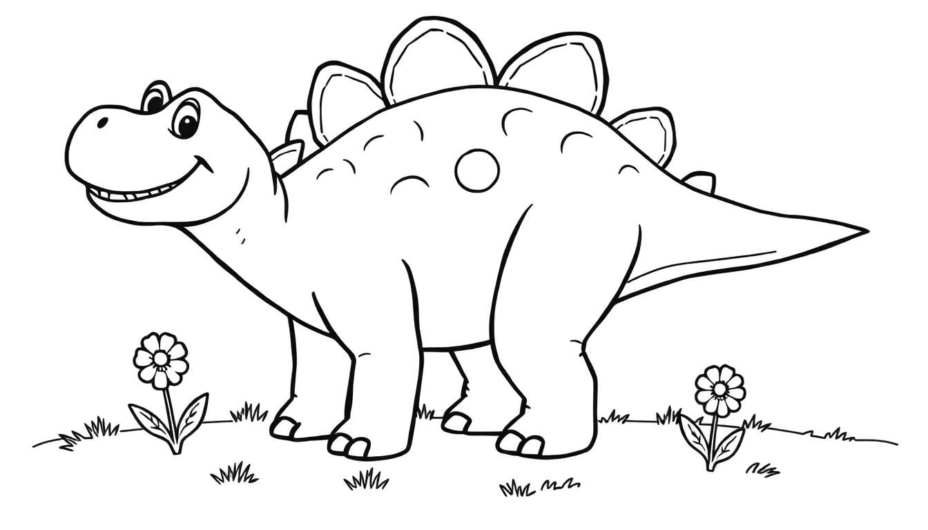 A friendly stegosaurus dinosaur, ready for coloring fun in this color panel. Black and white outline.