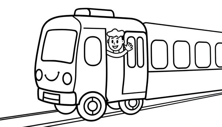 A black and white cartoon subway train with a friendly face and a waving conductor, on tracks, a color panel.