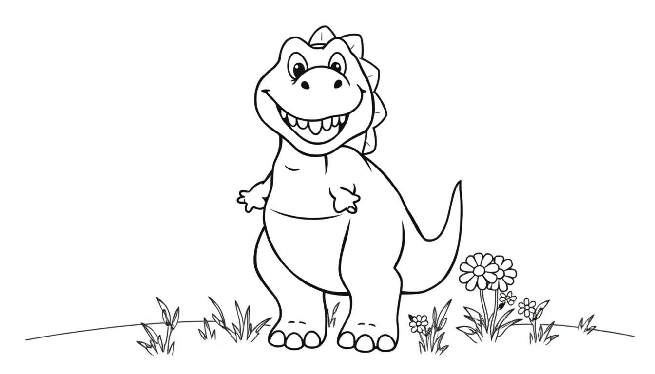 A friendly T-Rex coloring panel smiling with its mouth open and teeth showing, standing in a field.