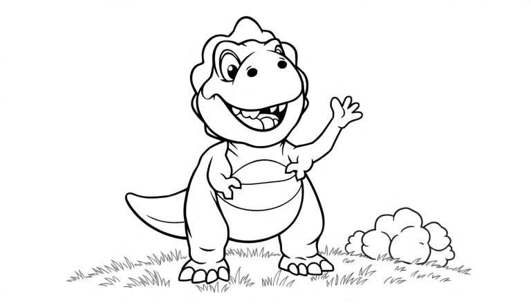 A friendly T-Rex waving hello, a black and white line art coloring panel for kids.