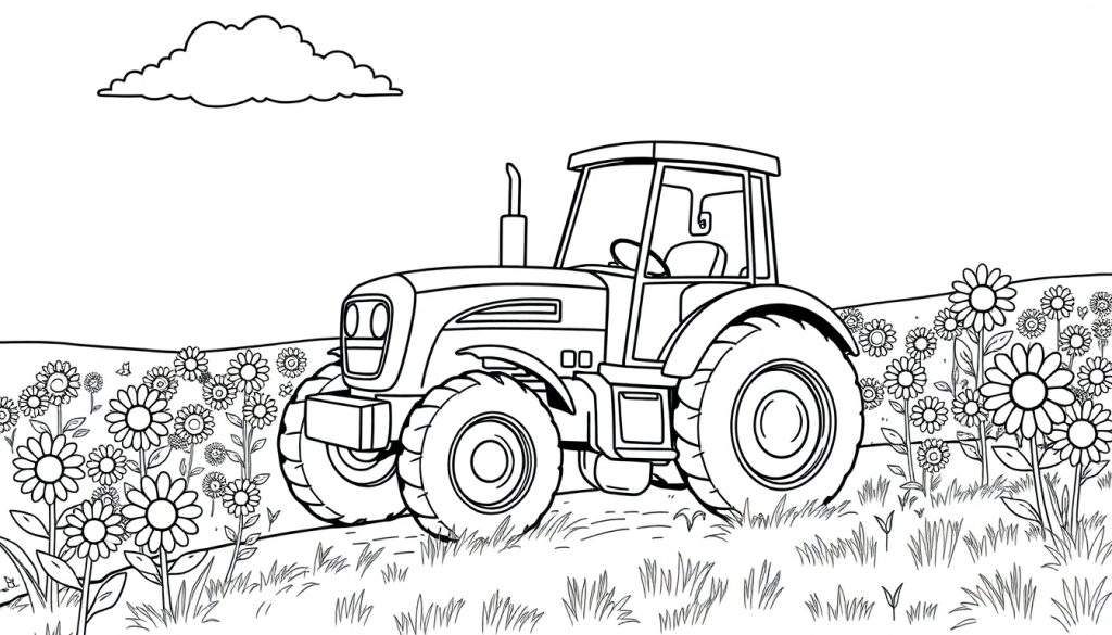 A friendly tractor in a flower field color panel, ready for coloring.