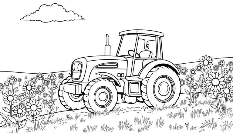 A friendly tractor in a flower field color panel, ready for coloring.