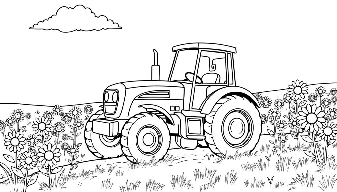 A friendly tractor in a flower field color panel, ready for coloring.