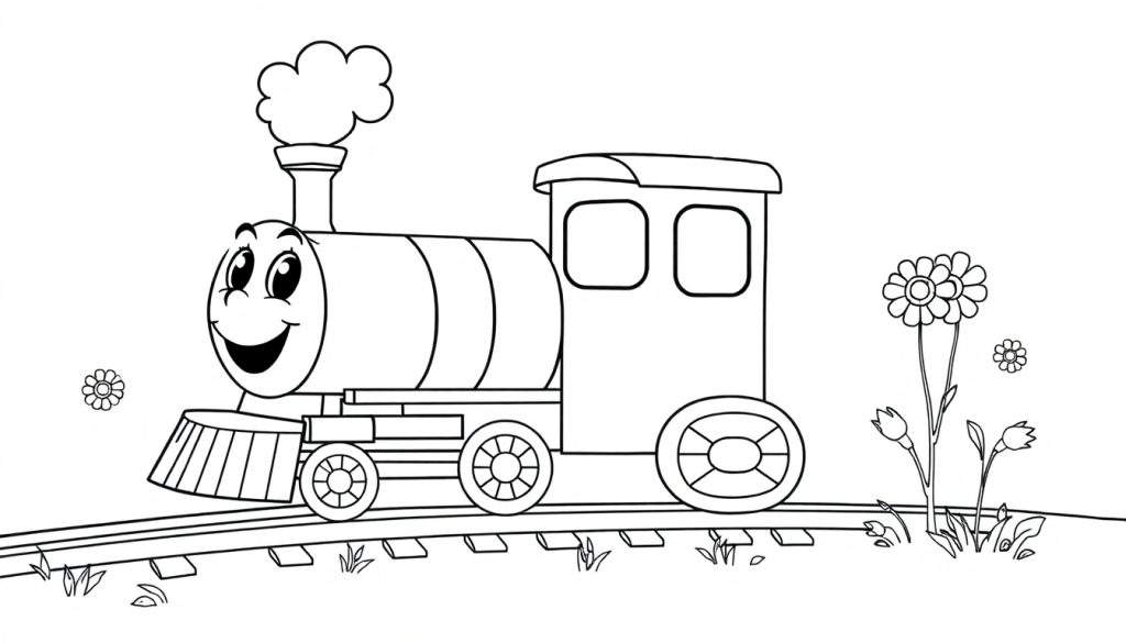 A smiling cartoon steam train ready for its color panel.