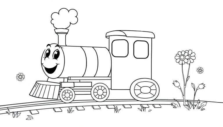 A smiling cartoon steam train ready for its color panel.
