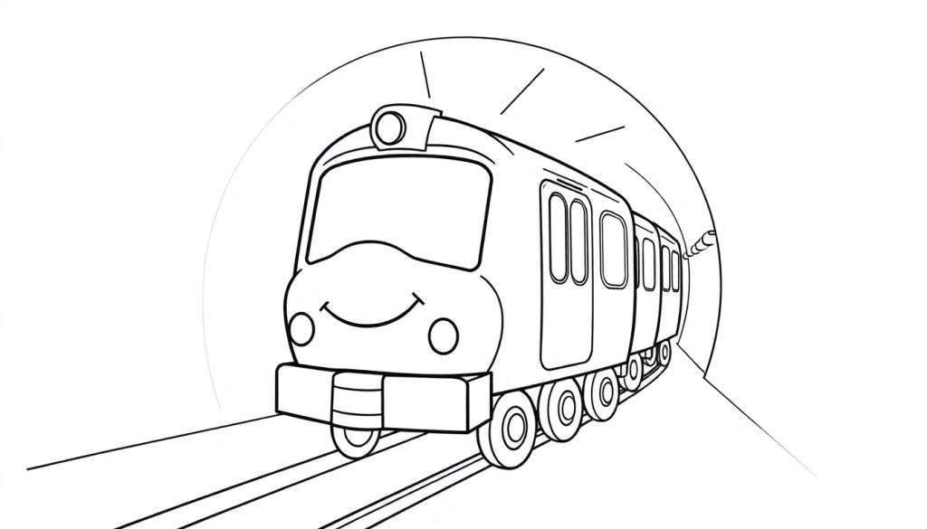 A friendly black and white cartoon train with a happy face peeking out of a tunnel, ready for a color panel adventure.