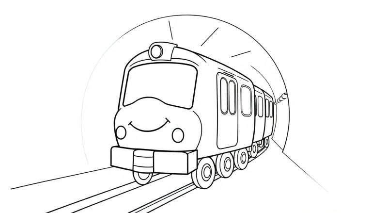 A friendly black and white cartoon train with a happy face peeking out of a tunnel, ready for a color panel adventure.