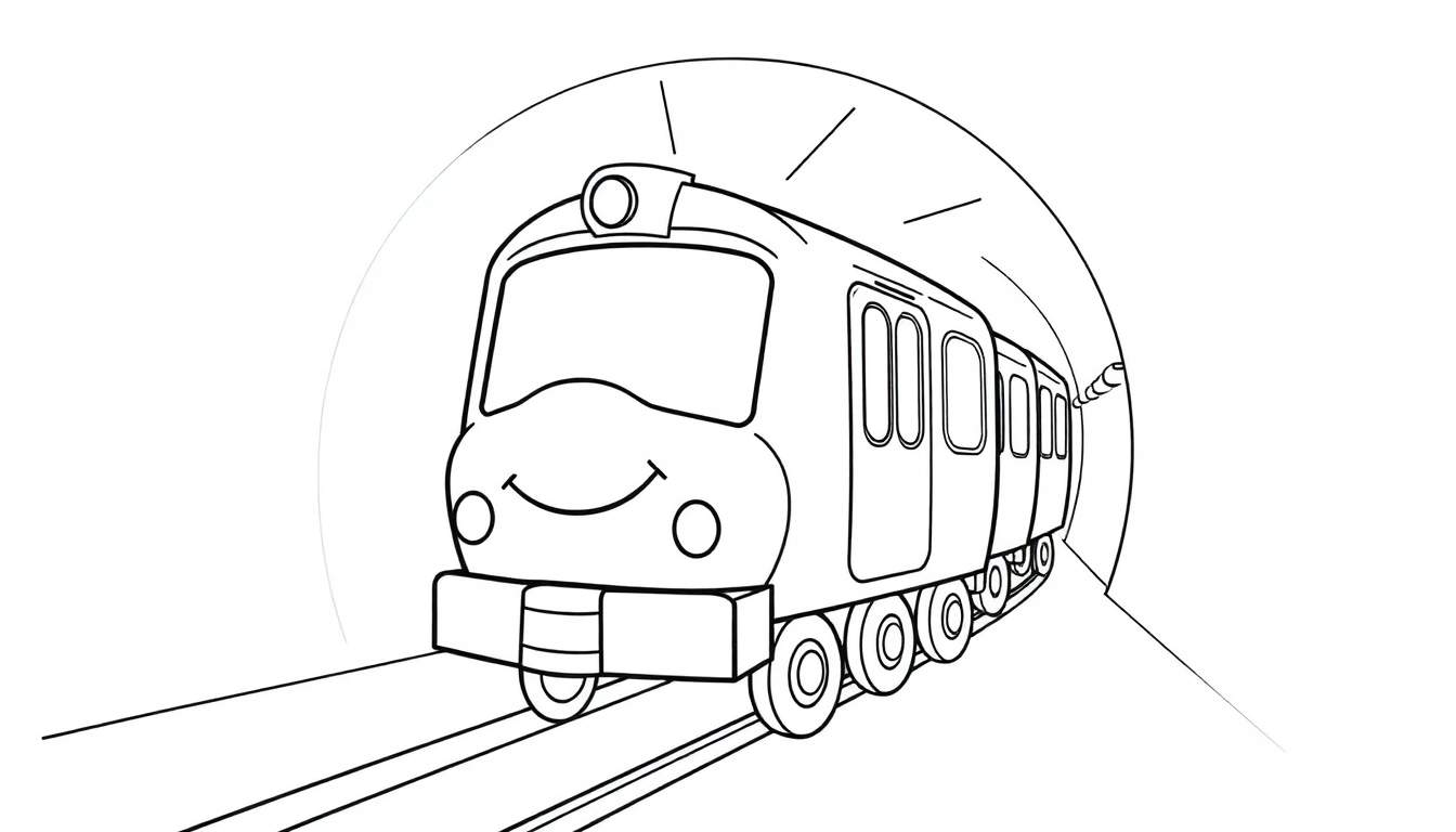 A friendly black and white cartoon train with a happy face peeking out of a tunnel, ready for a color panel adventure.