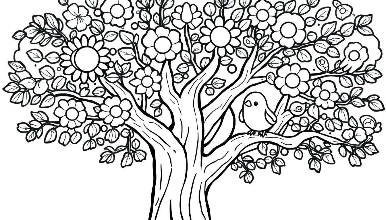 A black and white illustration of a beautiful tree with flowers and leaves, perfect for a color panel. A little bird sits on a branch.