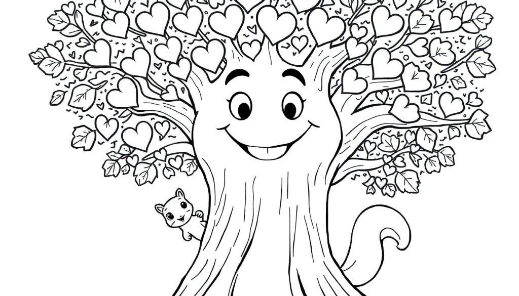A black and white cartoon tree with a smiling face and heart-shaped leaves, with a squirrel peeking out. This is a color panel for kids.