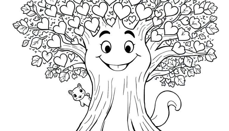 A black and white cartoon tree with a smiling face and heart-shaped leaves, with a squirrel peeking out. This is a color panel for kids.