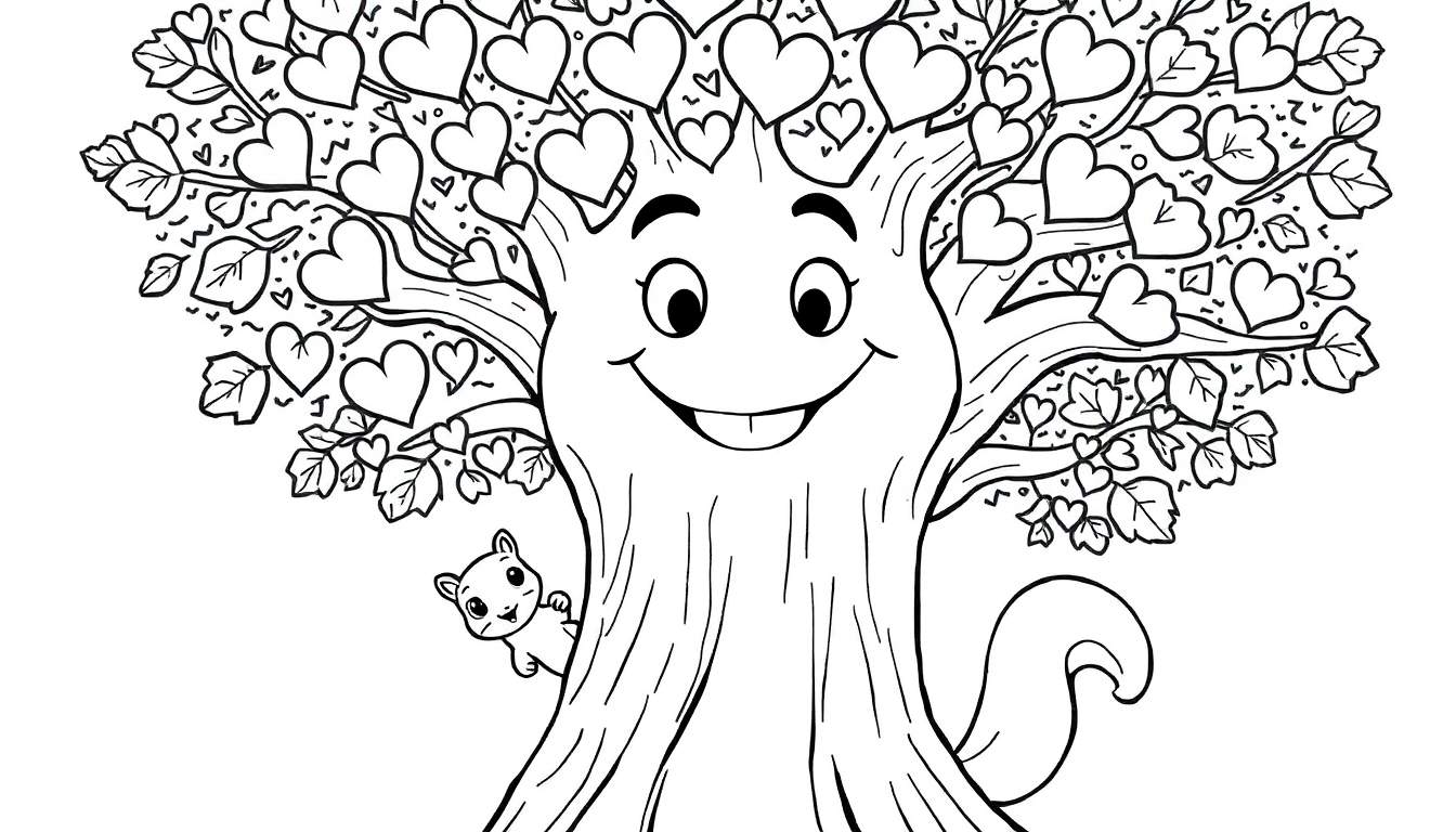 A black and white cartoon tree with a smiling face and heart-shaped leaves, with a squirrel peeking out. This is a color panel for kids.