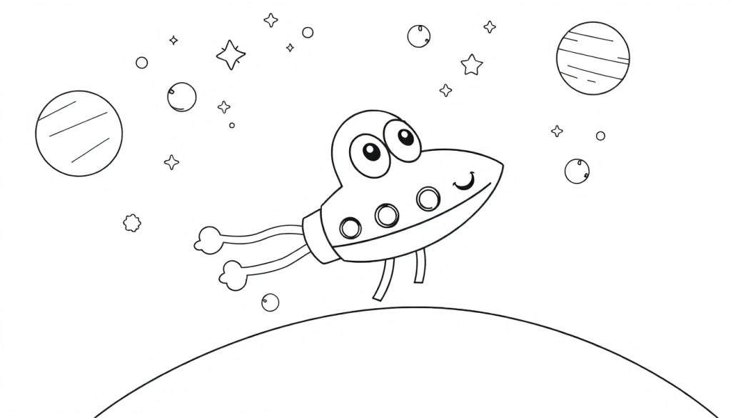 A friendly UFO is ready for a coloring adventure in this black and white space scene color panel.
