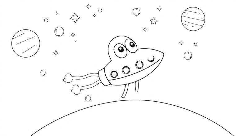 A friendly UFO is ready for a coloring adventure in this black and white space scene color panel.