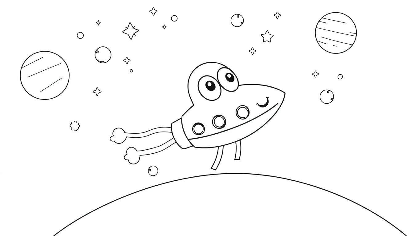 A friendly UFO is ready for a coloring adventure in this black and white space scene color panel.