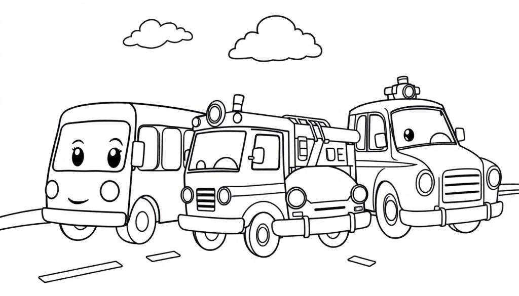 A black and white cartoon color panel showing a happy bus, a fire truck, and a taxi on a road with clouds.