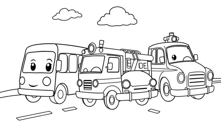 A black and white cartoon color panel showing a happy bus, a fire truck, and a taxi on a road with clouds.