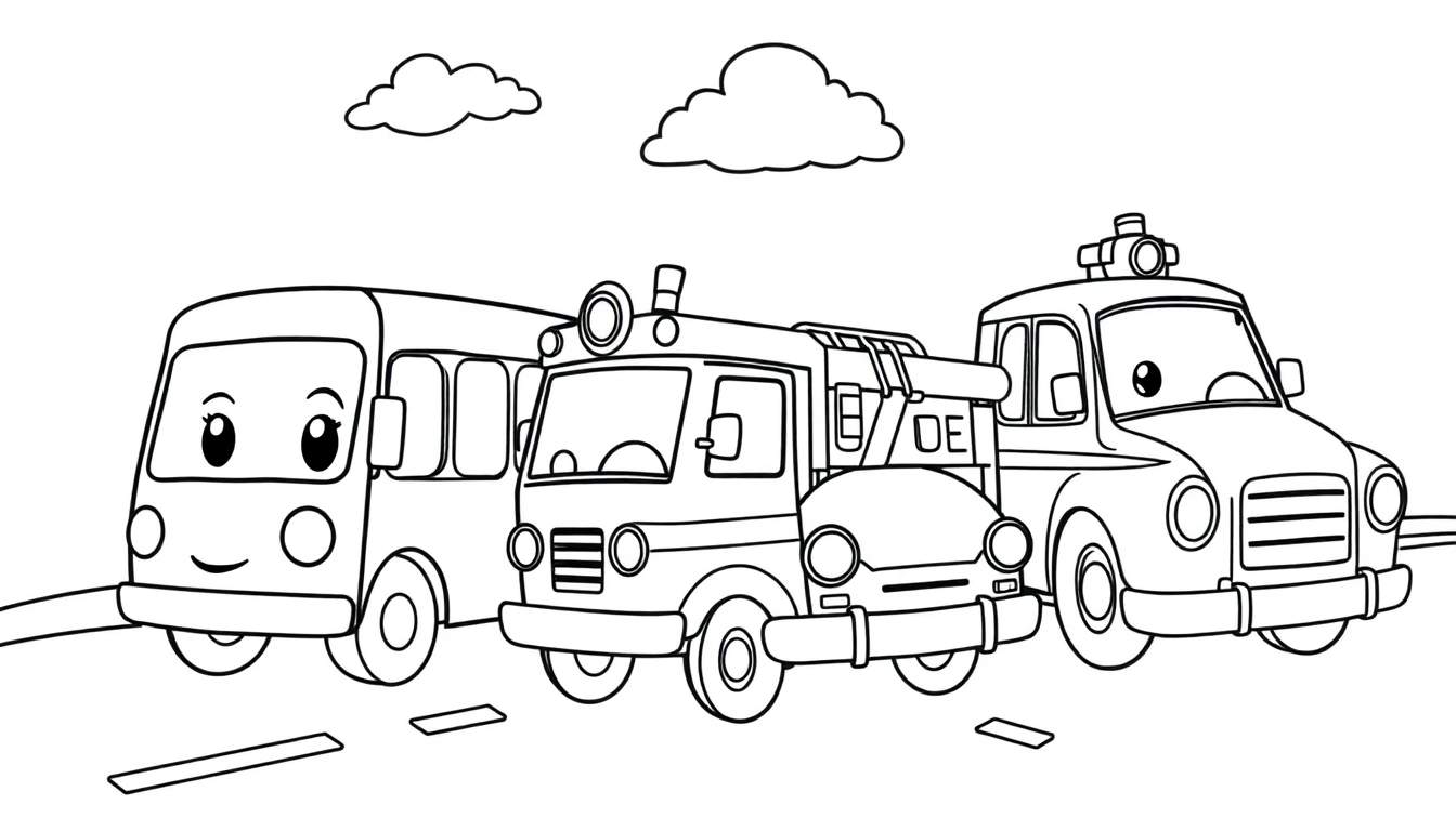 A black and white cartoon color panel showing a happy bus, a fire truck, and a taxi on a road with clouds.