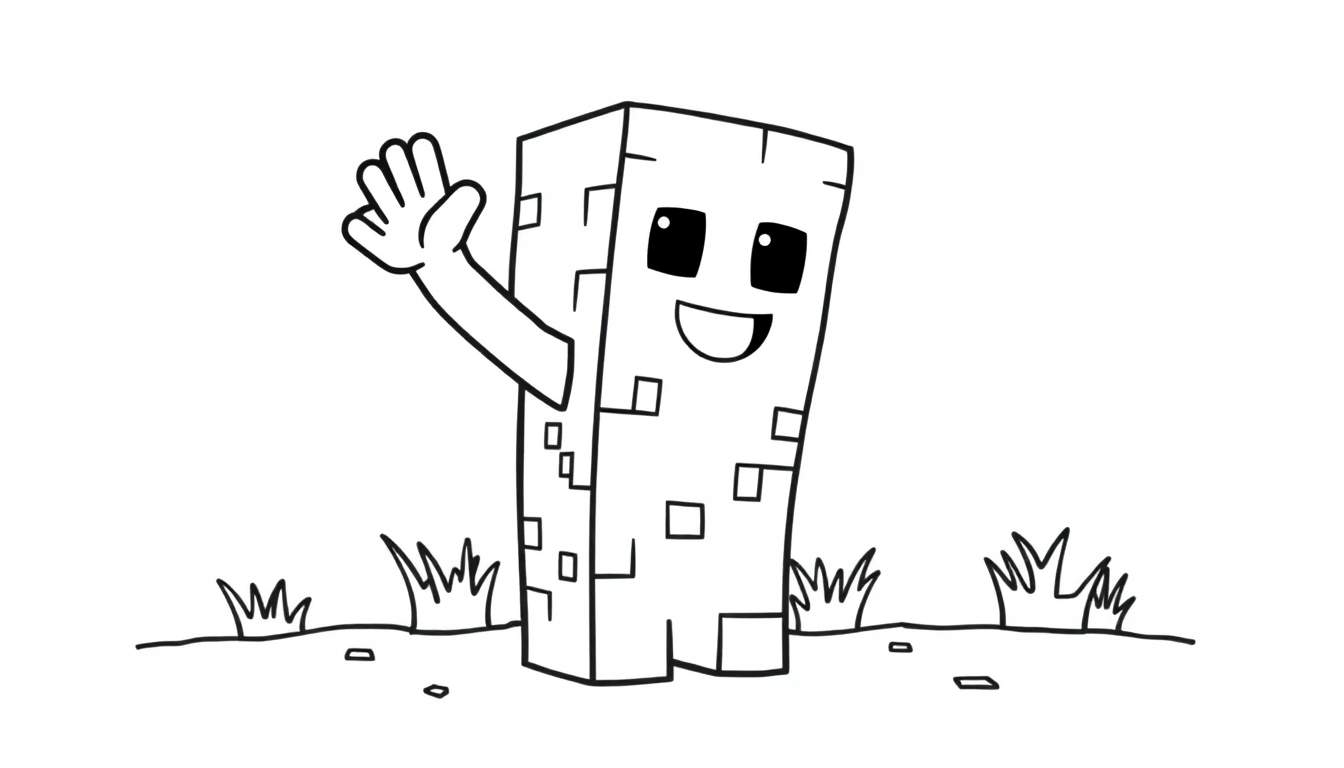 A friendly block character waving hello, in a black and white color panel.
