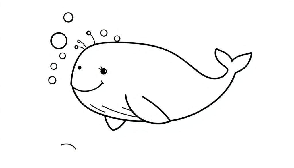 A friendly cartoon whale smiling, surrounded by bubbles, ready for a color panel.