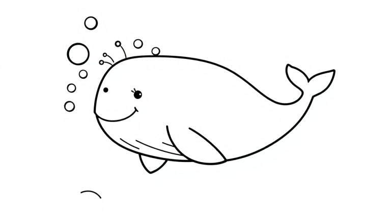 A friendly cartoon whale smiling, surrounded by bubbles, ready for a color panel.