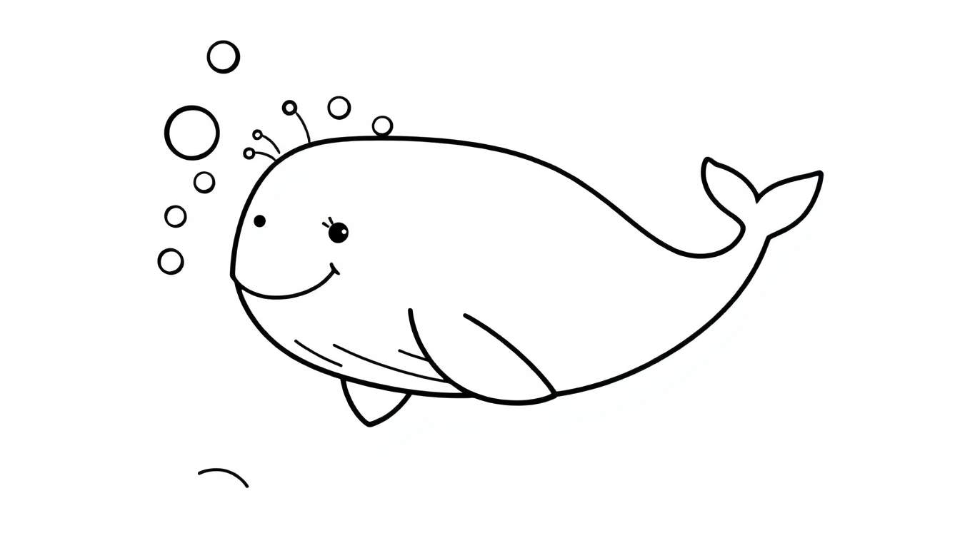 A friendly cartoon whale smiling, surrounded by bubbles, ready for a color panel.