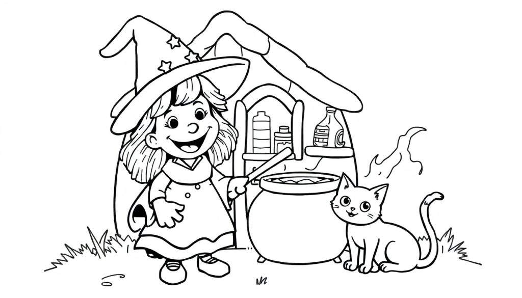 A friendly witch stirring a magical potion in her cauldron, ready for a color panel adventure.