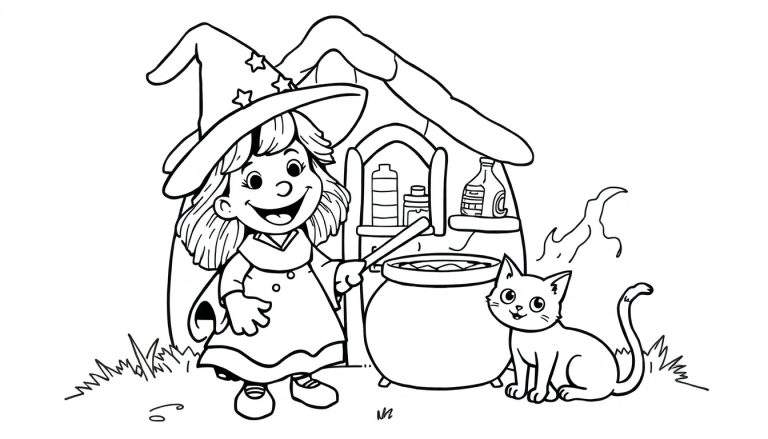 A friendly witch stirring a magical potion in her cauldron, ready for a color panel adventure.