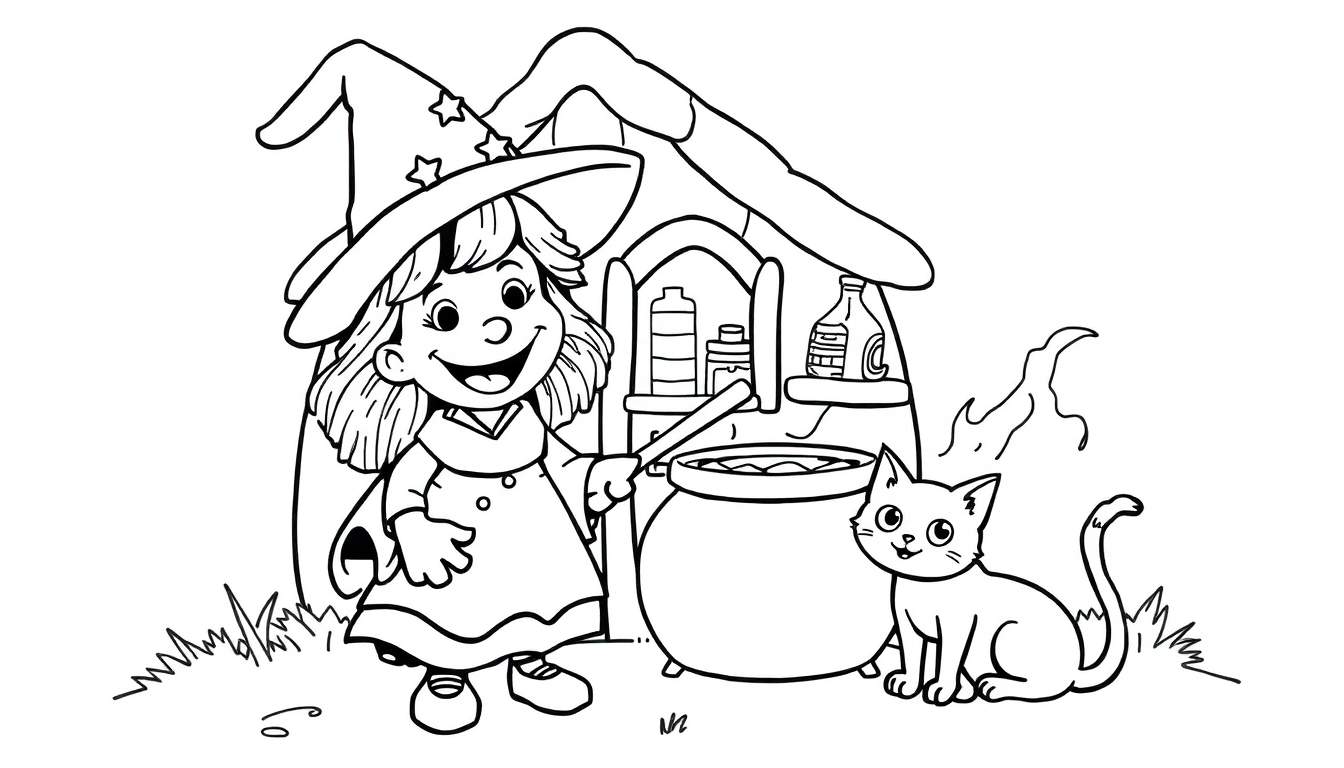 A friendly witch stirring a magical potion in her cauldron, ready for a color panel adventure.