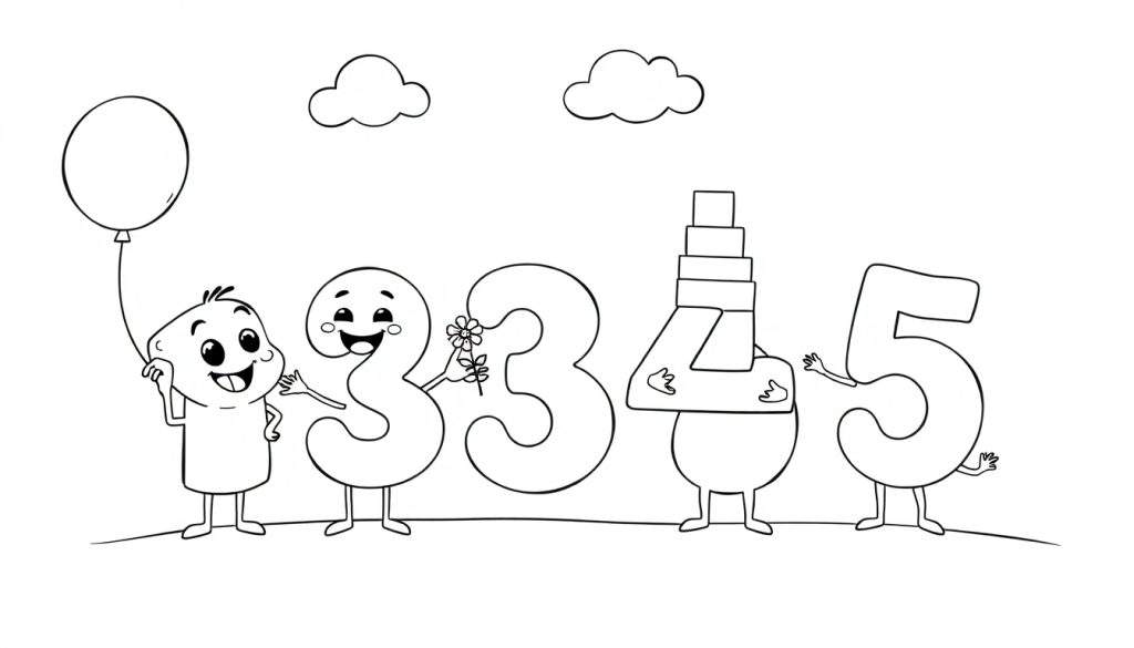A black and white color panel showing happy cartoon numbers 2 through 5 playing with a child and a balloon.