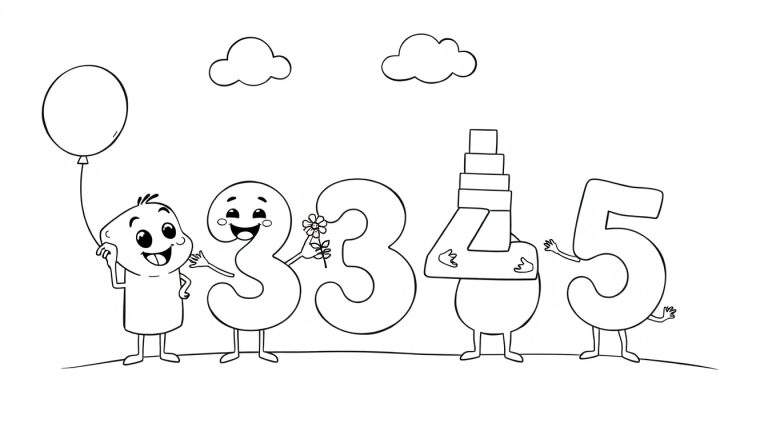 A black and white color panel showing happy cartoon numbers 2 through 5 playing with a child and a balloon.
