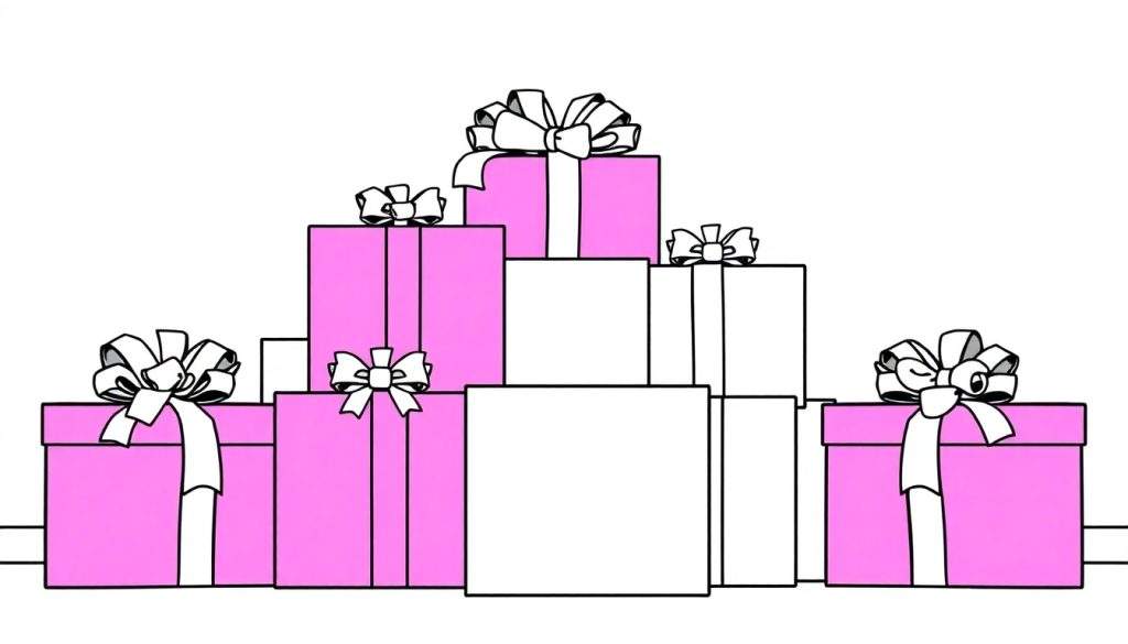A black and white line art drawing of gift boxes for a color panel.