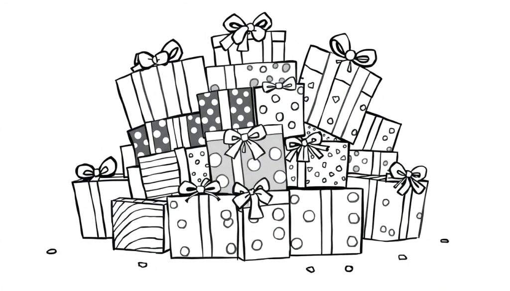 A cute black and white line drawing of a pile of brightly wrapped gifts, ready for a child to color and bring them to life! This coloring panel features assorted gift boxes with bows, perfect for a creative activity.