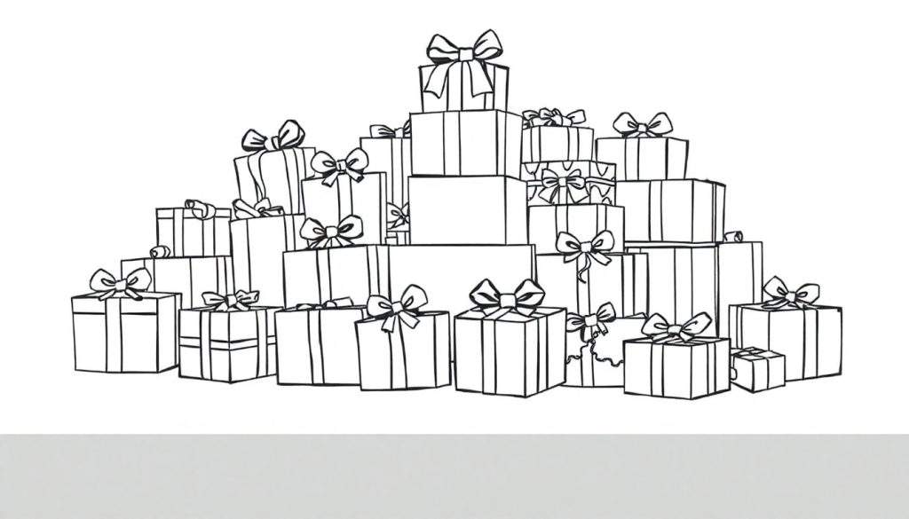 A cute black and white line art color panel of many wrapped gifts with bows, ready for a fun celebration!