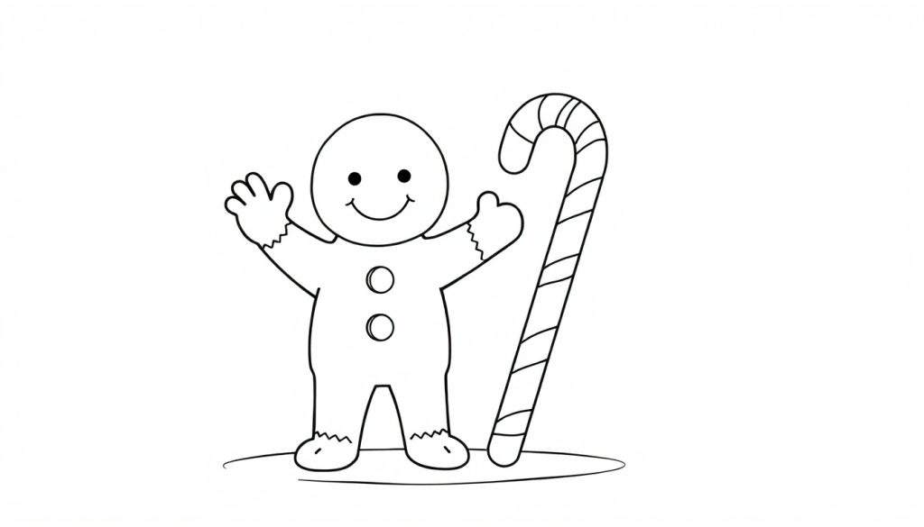 A black and white coloring page color panel featuring a smiling gingerbread man with buttons and a candy cane.
