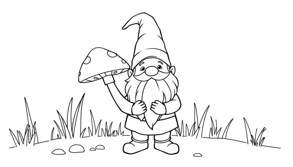 A happy gnome holding a mushroom, ready for a color panel.