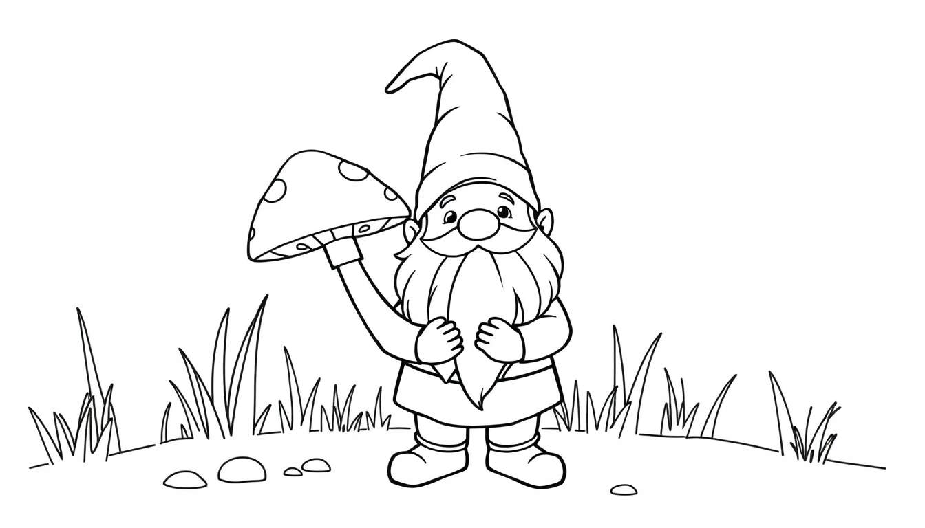 A happy gnome holding a mushroom, ready for a color panel.